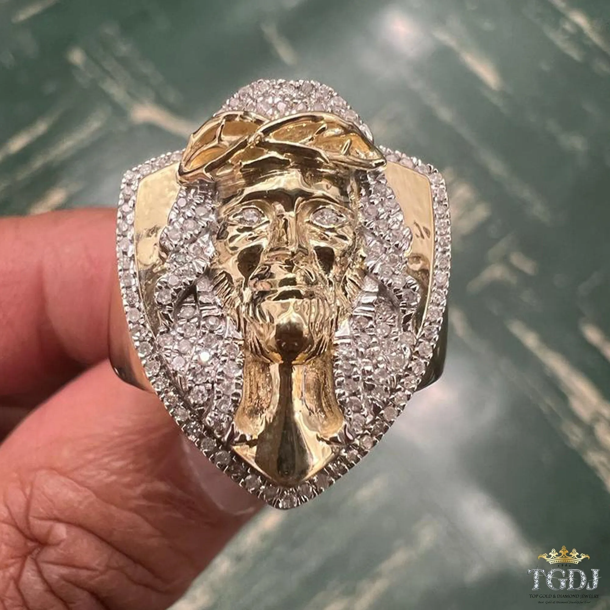 10k Yellow Gold  Signet Christ Jesus 0.24 ct Diamond Mens Ring , Christian ,Christian Gift Jewelry ,Religious Relief Jesus Gift Mens Rings