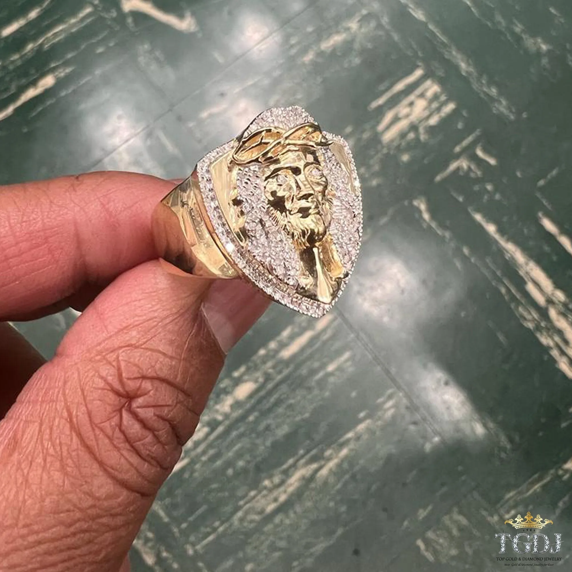 10k Yellow Gold  Signet Christ Jesus 0.24 ct Diamond Mens Ring , Christian ,Christian Gift Jewelry ,Religious Relief Jesus Gift Mens Rings