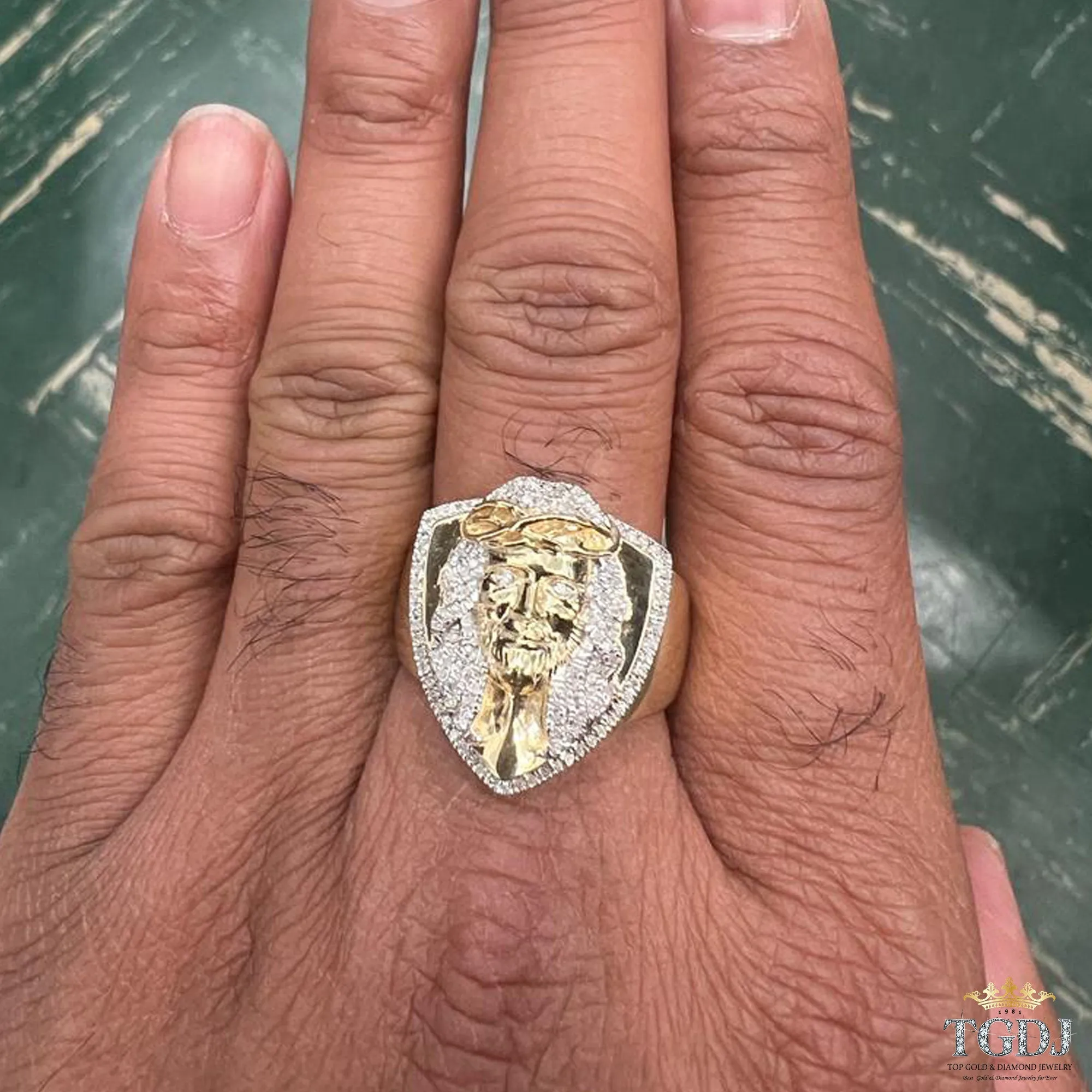 10k Yellow Gold  Signet Christ Jesus 0.24 ct Diamond Mens Ring , Christian ,Christian Gift Jewelry ,Religious Relief Jesus Gift Mens Rings