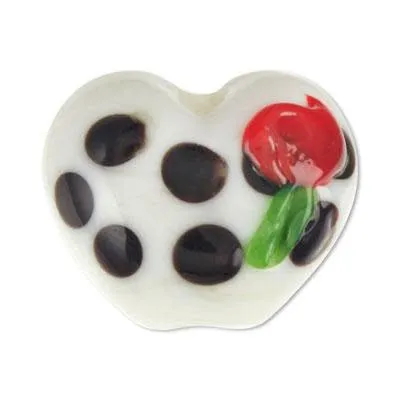 18mm Heart Shaped White Lampwork Glass Bead with Black Spots and Rose (5 Pieces)