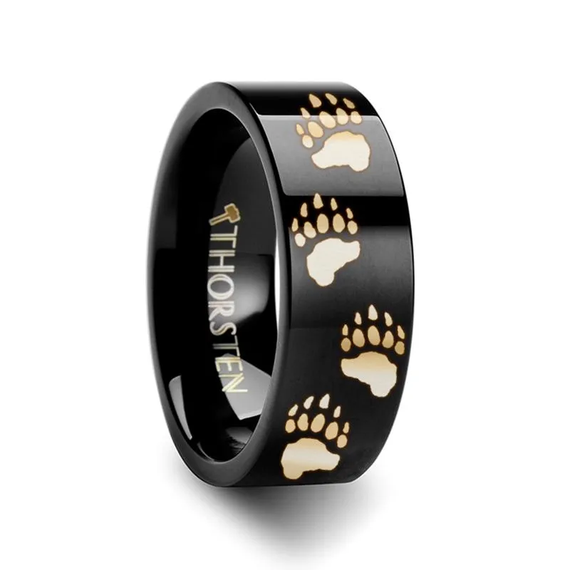Animal Design Bear Paw Print Laser Engraved Flat Tungsten Wedding Ring for Men and Women - 4MM - 12MM