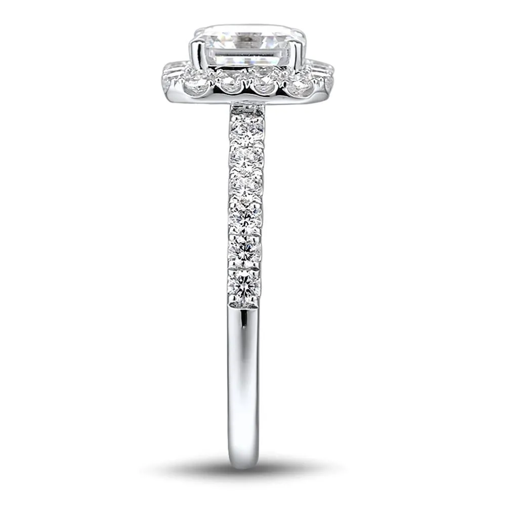 Asscher and Round Brilliant halo engagement ring with 2.21 carats* of diamond simulants in 14 carat white gold