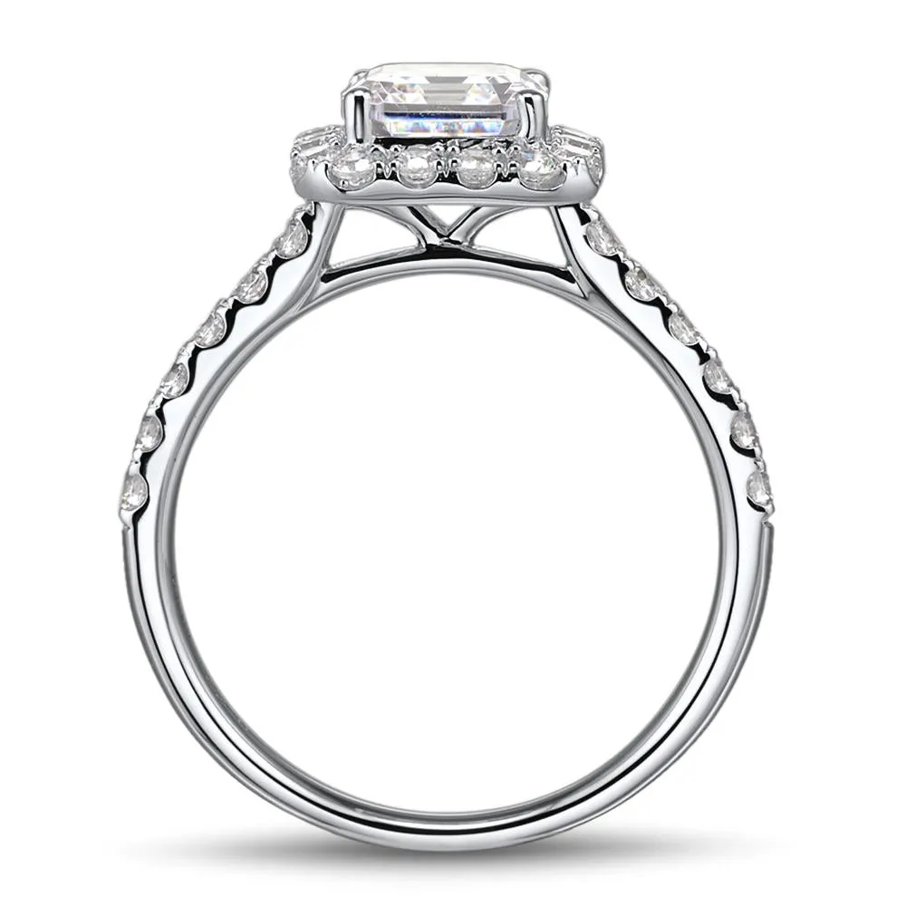 Asscher and Round Brilliant halo engagement ring with 2.21 carats* of diamond simulants in 14 carat white gold