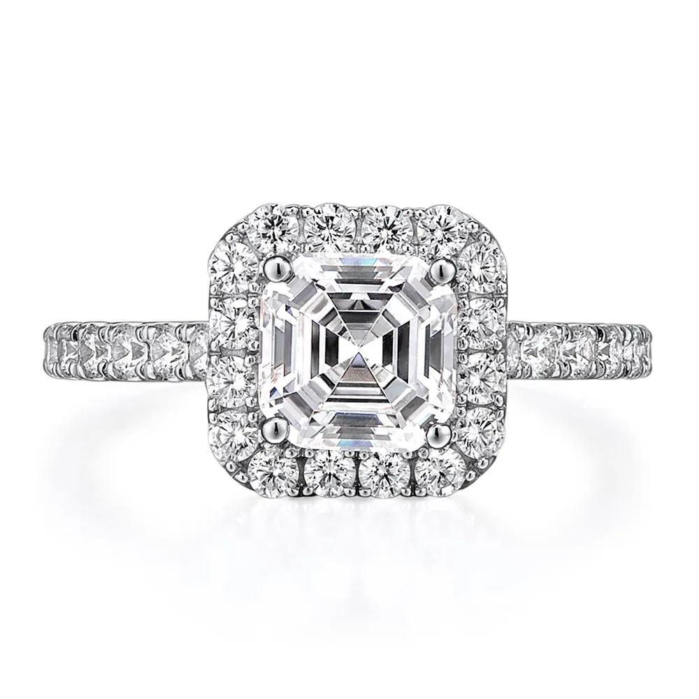 Asscher and Round Brilliant halo engagement ring with 2.21 carats* of diamond simulants in 14 carat white gold