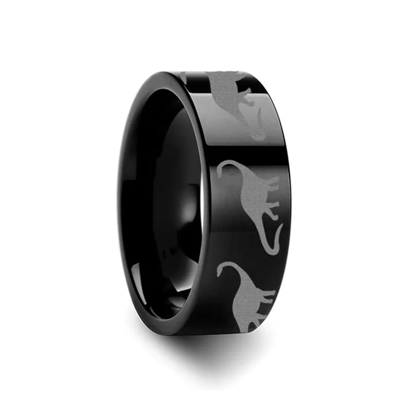 Brachiosaurus Dinosaur Print Engraved Flat Tungsten Carbide Couple Matching Ring - 4MM - 12MM