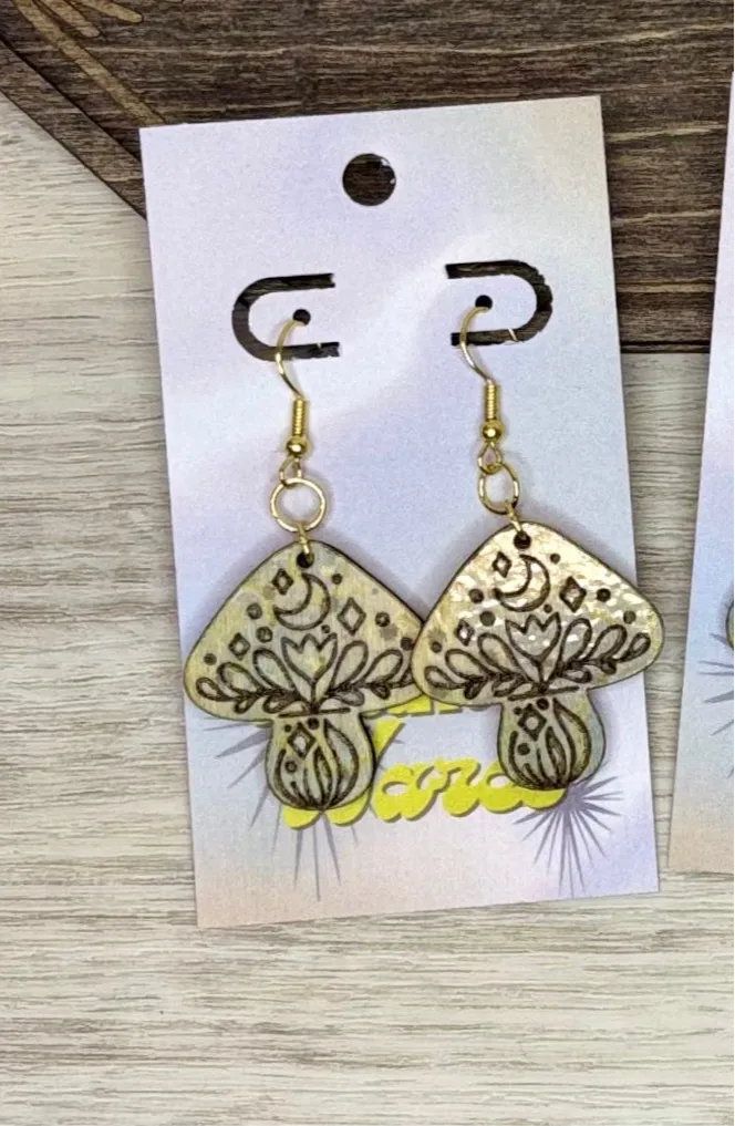 Celestial Engraved Mushrooms - Engraved Wood Earrings