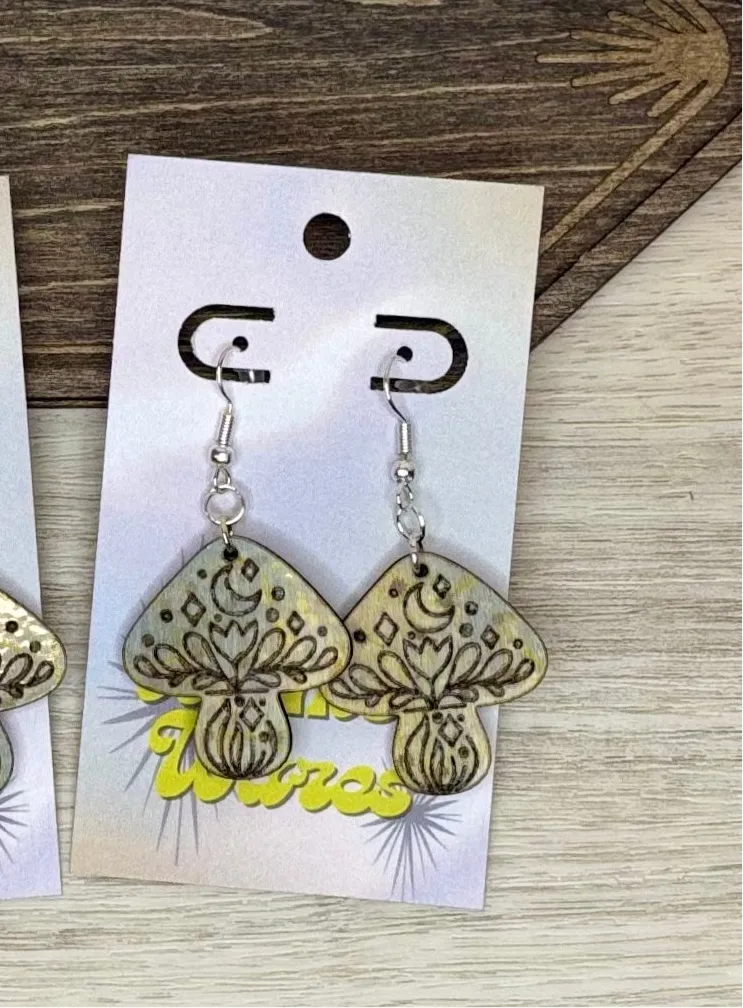 Celestial Engraved Mushrooms - Engraved Wood Earrings