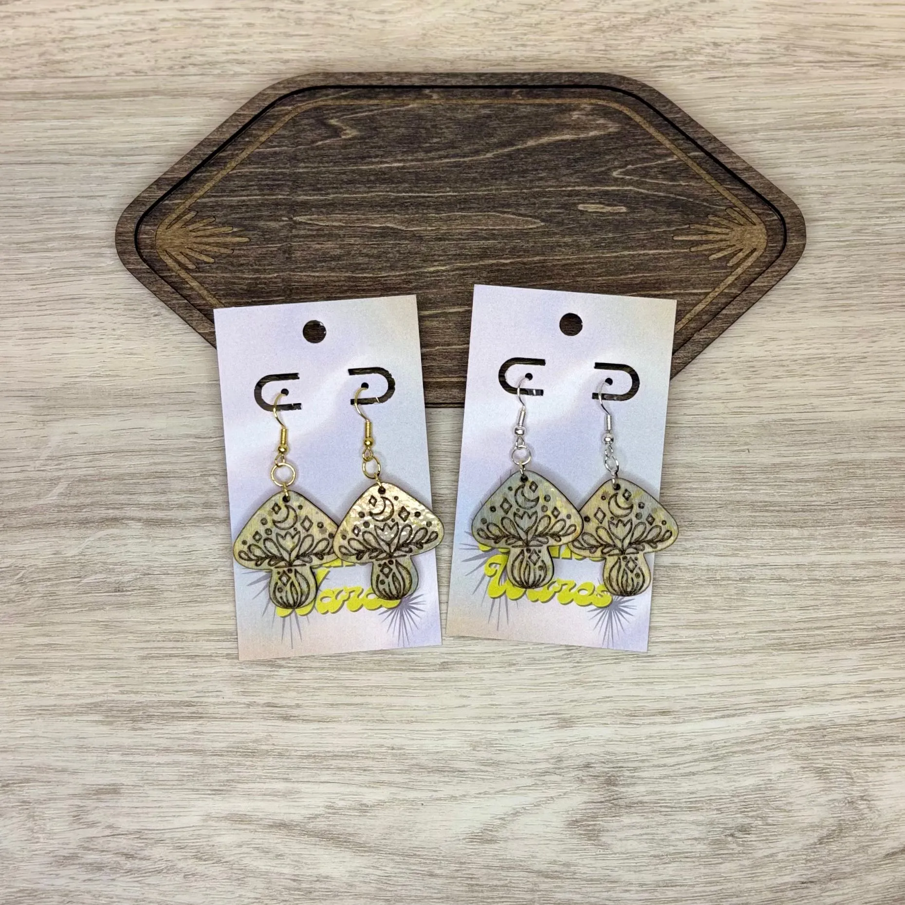 Celestial Engraved Mushrooms - Engraved Wood Earrings