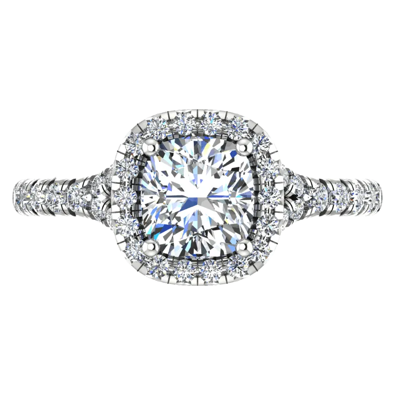 Cushion Cut Diamond Halo Engagement Ring with Side Stones