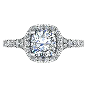 Cushion Cut Diamond Halo Engagement Ring with Side Stones