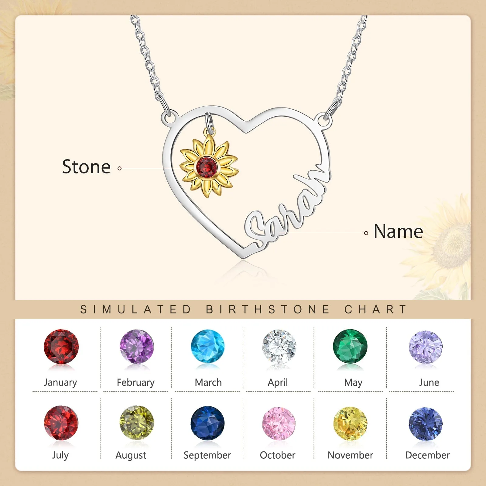 Custom Heart Name Necklace With Yellow Gold Plated Sunflower