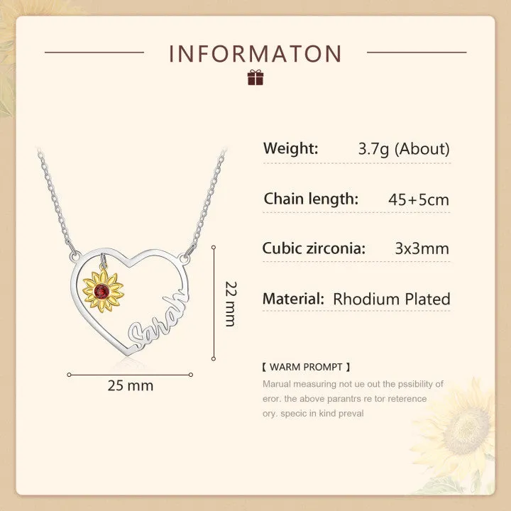 Custom Heart Name Necklace With Yellow Gold Plated Sunflower