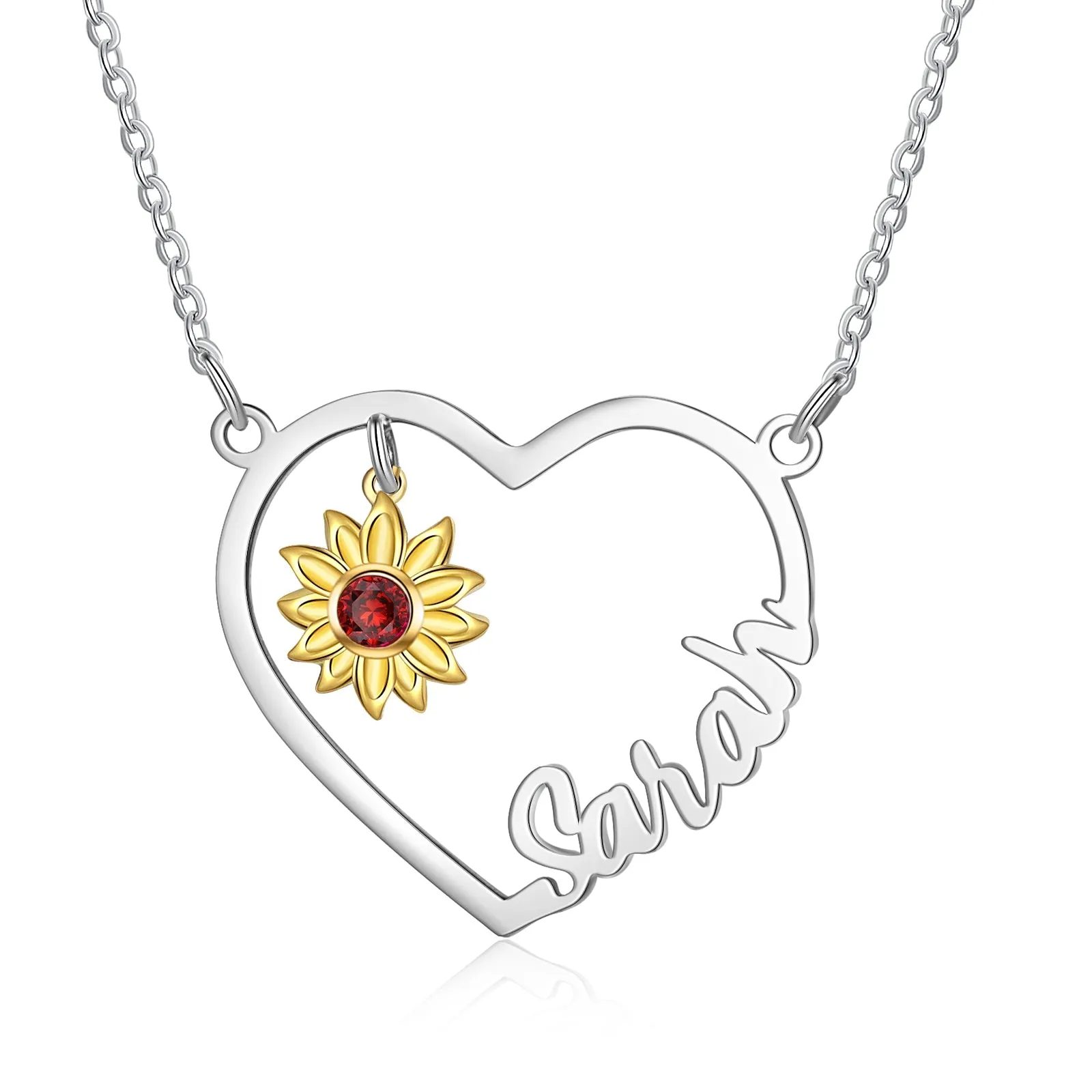 Custom Heart Name Necklace With Yellow Gold Plated Sunflower