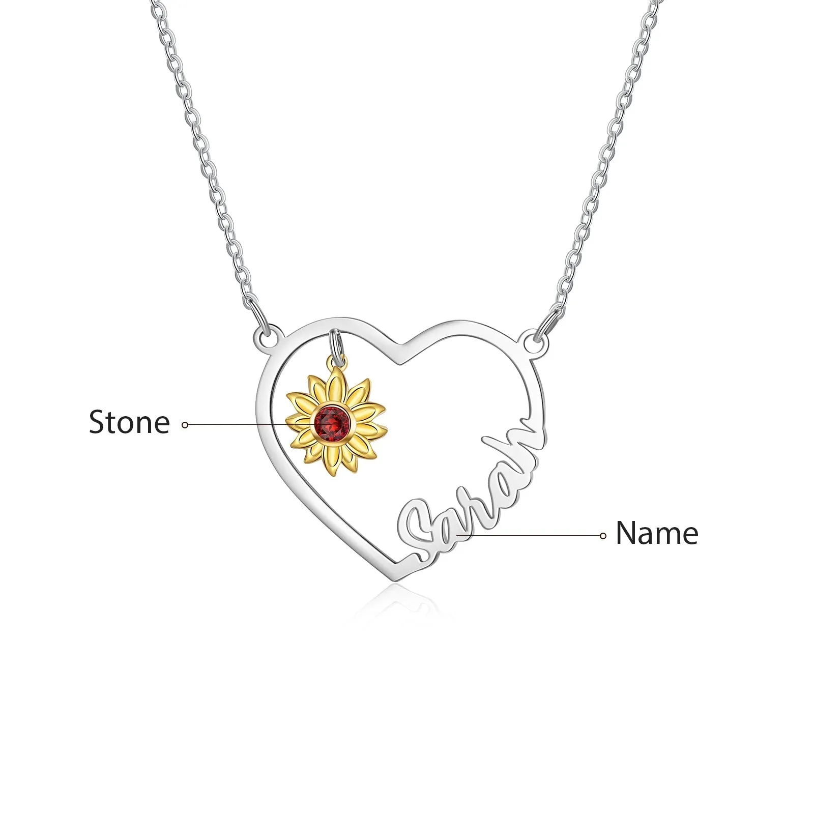 Custom Heart Name Necklace With Yellow Gold Plated Sunflower
