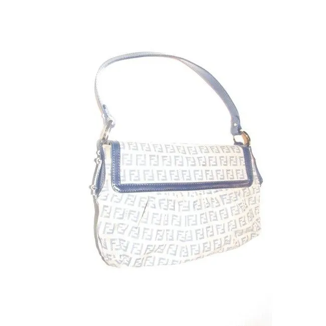 Fendi Pursesdesigner Purses Blue Small F Logo Print On Tan Canvas And Navy Leather Hobo Bag