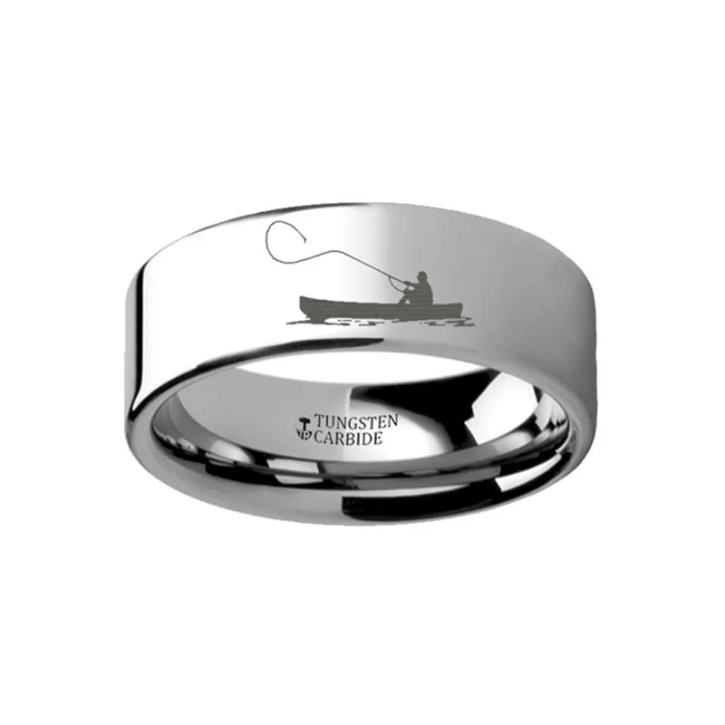 Fishing Boat Hunting Landscape Scene Engraved Flat Polished Tungsten Wedding Ring for Men and Women - 4MM - 12MM
