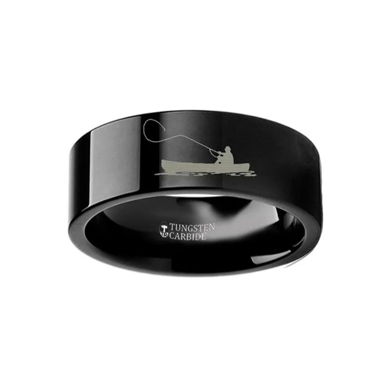 Fishing Boat Hunting Landscape Scene Engraved Flat Polished Tungsten Wedding Ring for Men and Women - 4MM - 12MM
