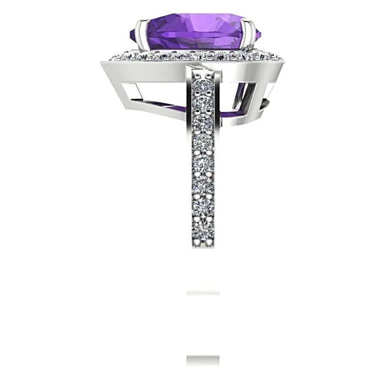 Heart Shaped Amethyst Halo Diamond Ring 14K White Gold