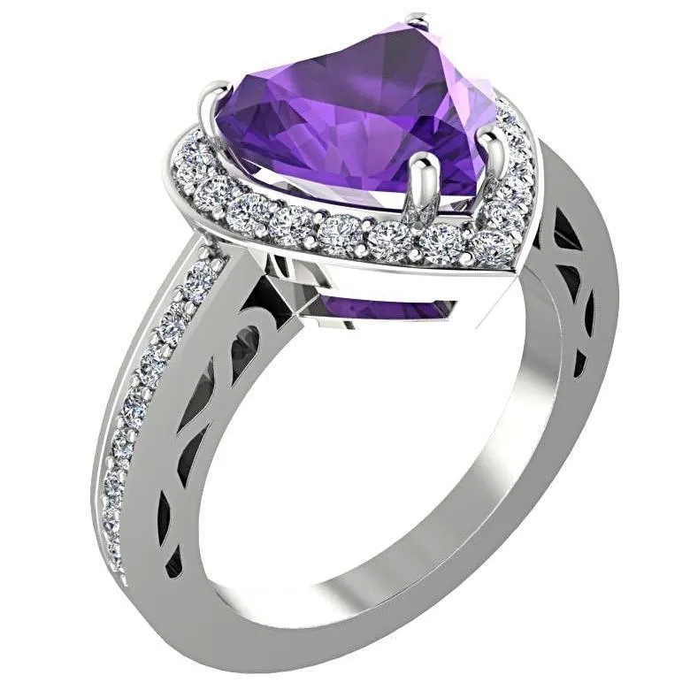 Heart Shaped Amethyst Halo Diamond Ring 14K White Gold