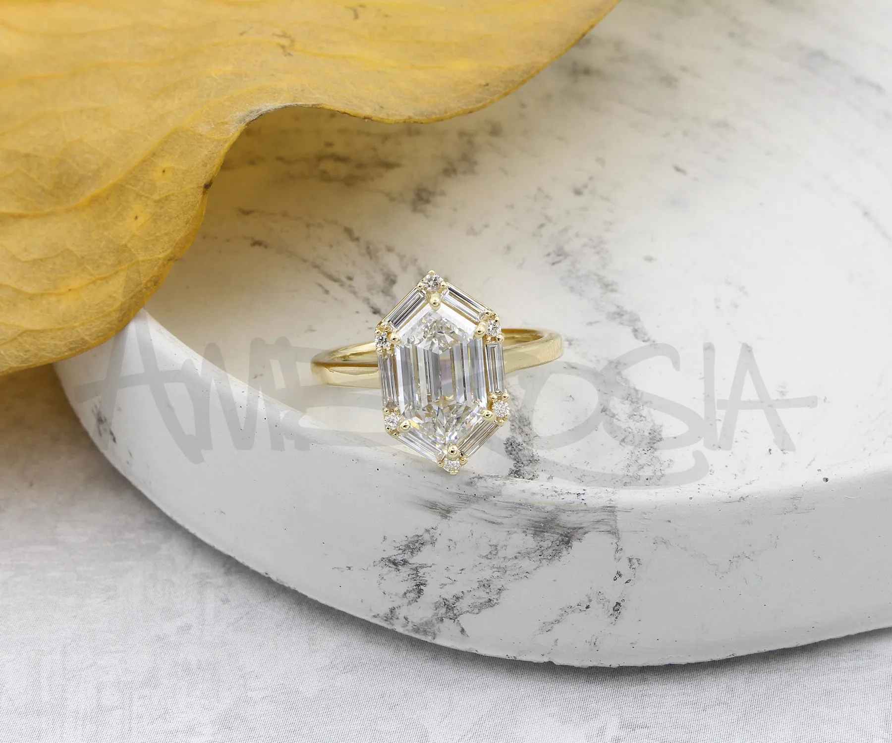 Hexagon Halo Baguette Diamond Engagement Ring
