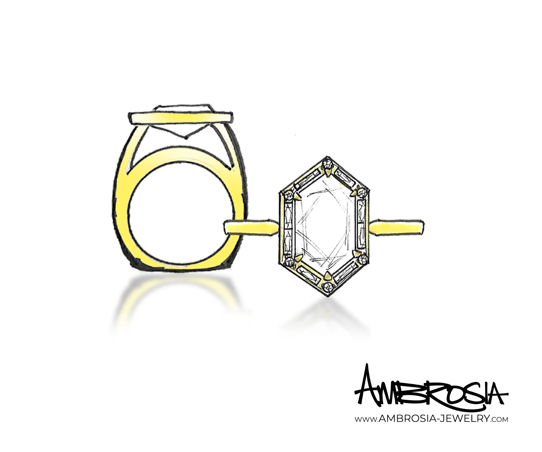 Hexagon Halo Baguette Diamond Engagement Ring