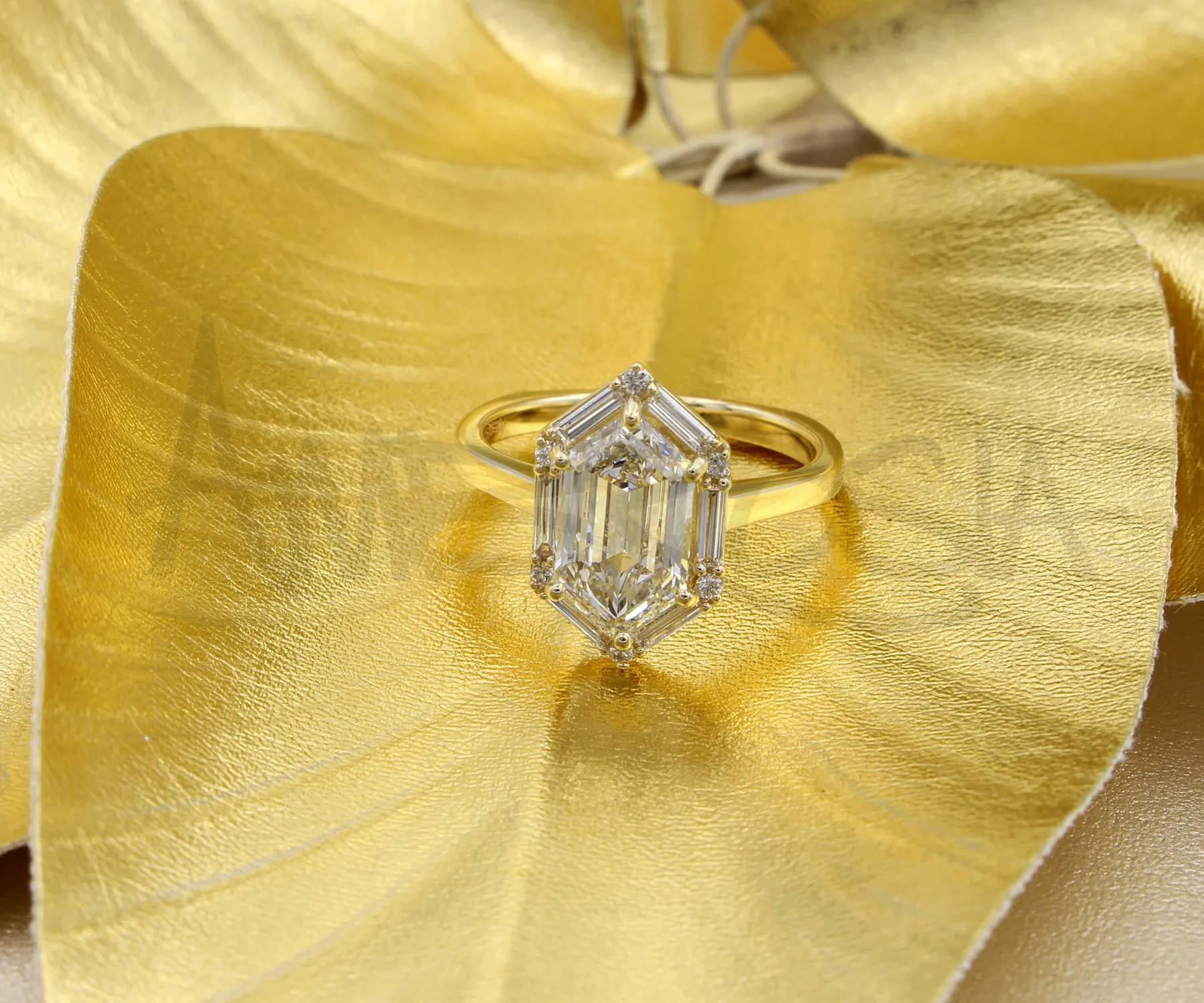 Hexagon Halo Baguette Diamond Engagement Ring