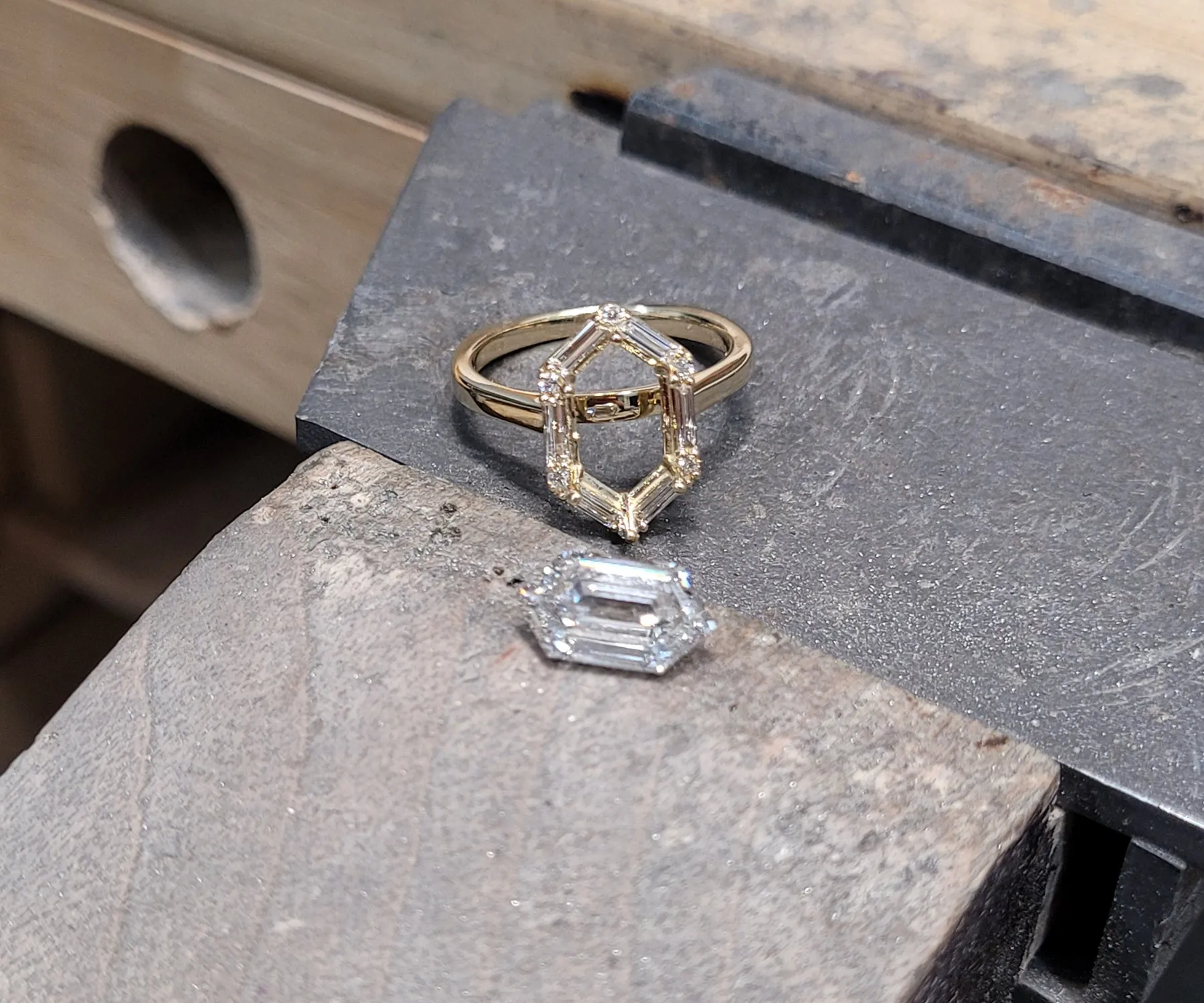 Hexagon Halo Baguette Diamond Engagement Ring