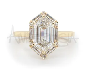 Hexagon Halo Baguette Diamond Engagement Ring