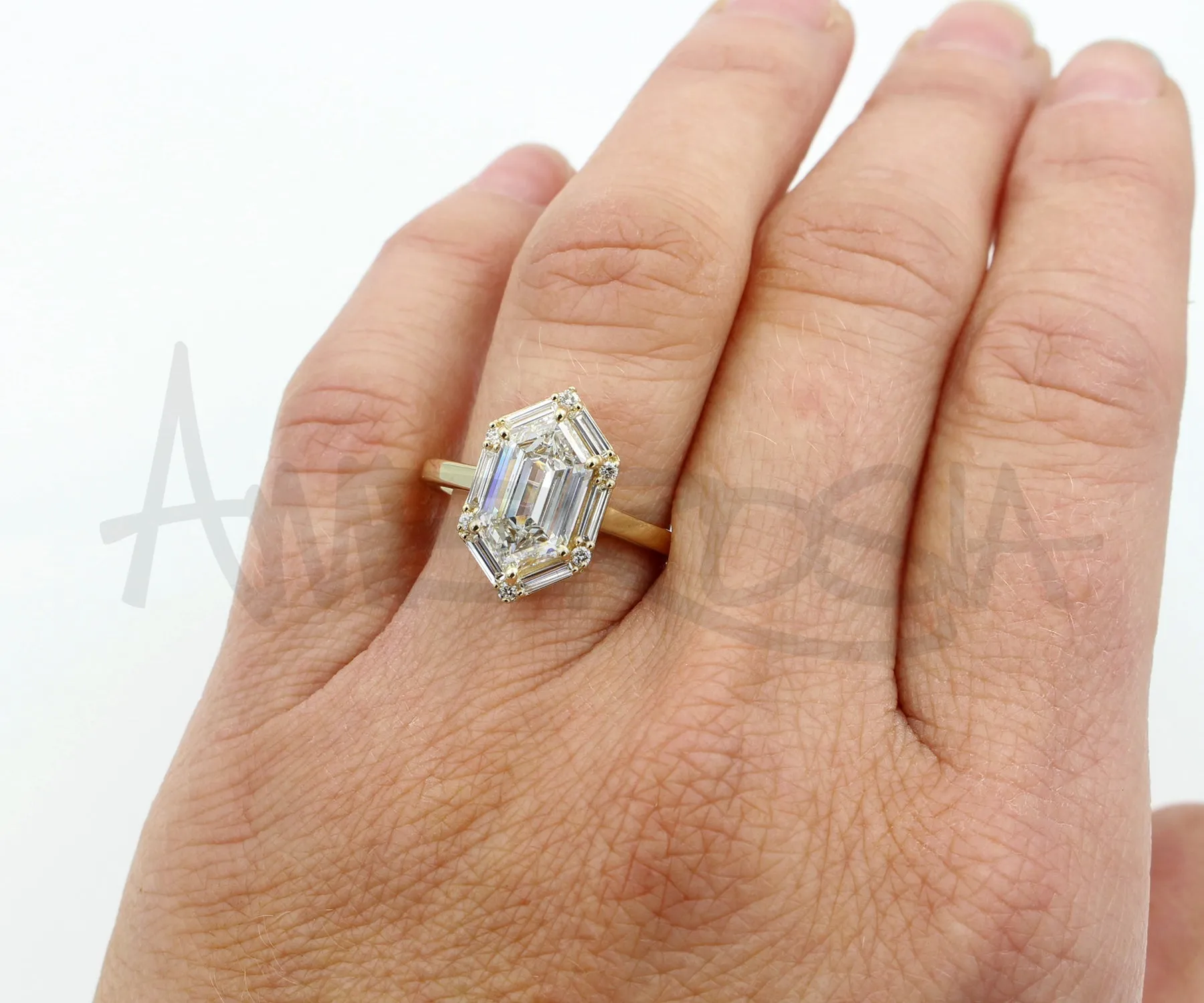Hexagon Halo Baguette Diamond Engagement Ring