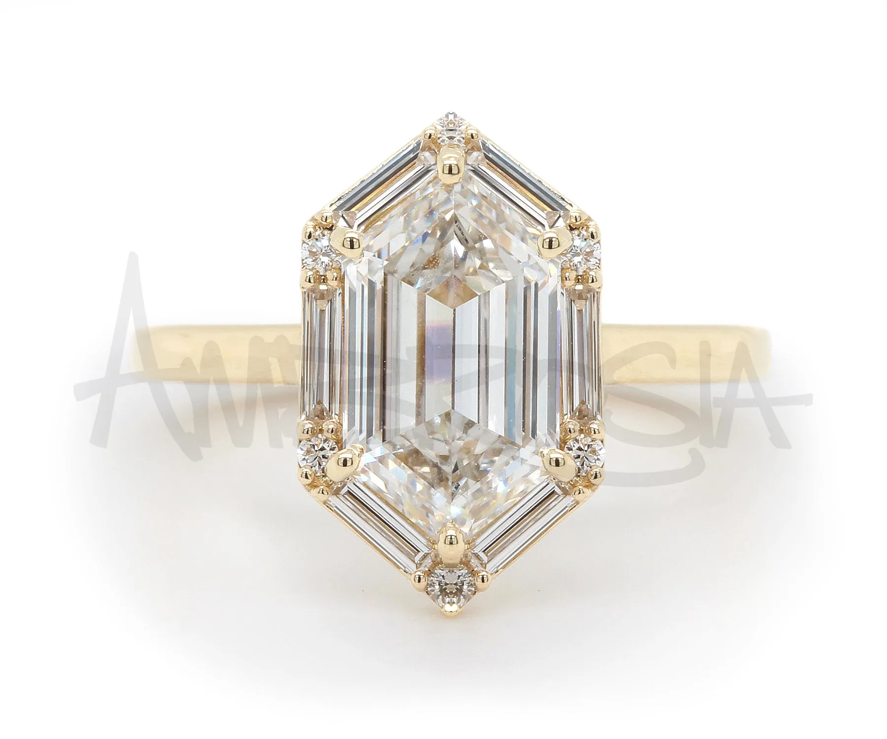 Hexagon Halo Baguette Diamond Engagement Ring