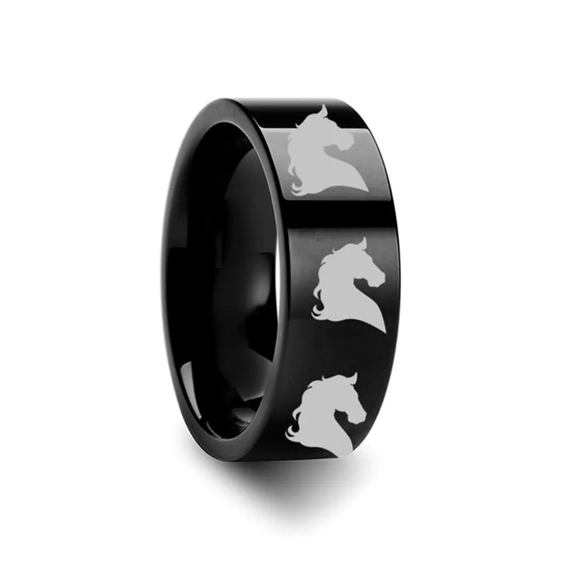 Horse Head Print Laser Engraved Flat Polished Tungsten Couple Matching Ring - 4MM - 12MM