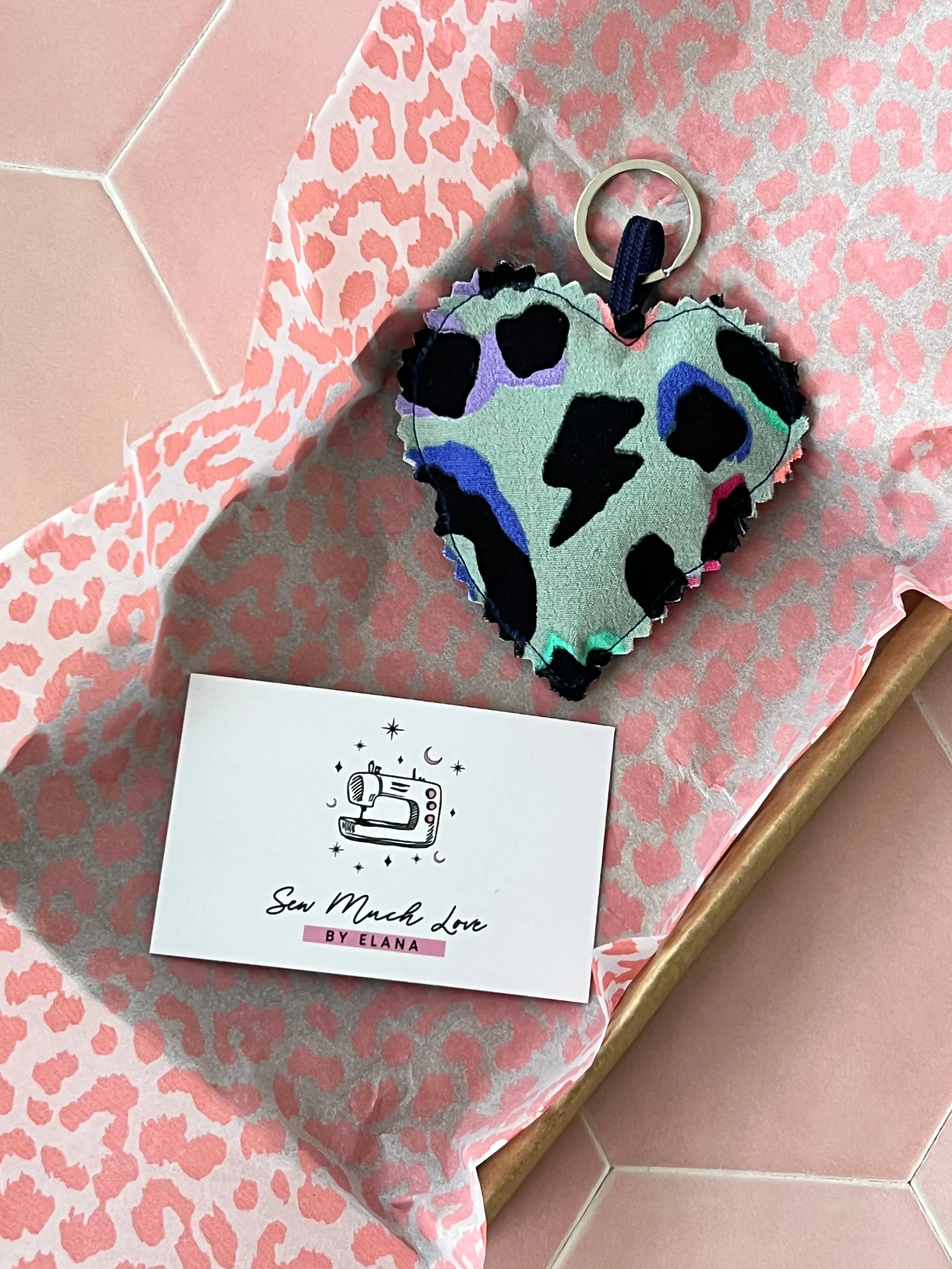 Khaki Rainbow Leopard Print Fabric Heart Keyring