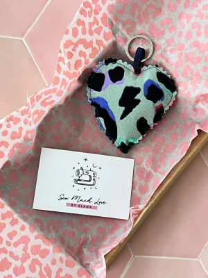 Khaki Rainbow Leopard Print Fabric Heart Keyring