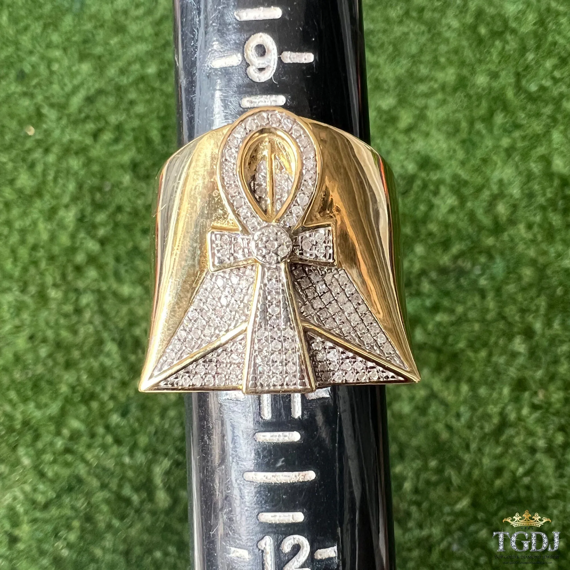 Men's 10k Yellow Gold Egyptian Ankh Cross Ring, Round Diamond Cross Pinky Ring, Egyptian Ankh Ring, Diamond Ring Men Gold 10.2 Grams 0.32dwt