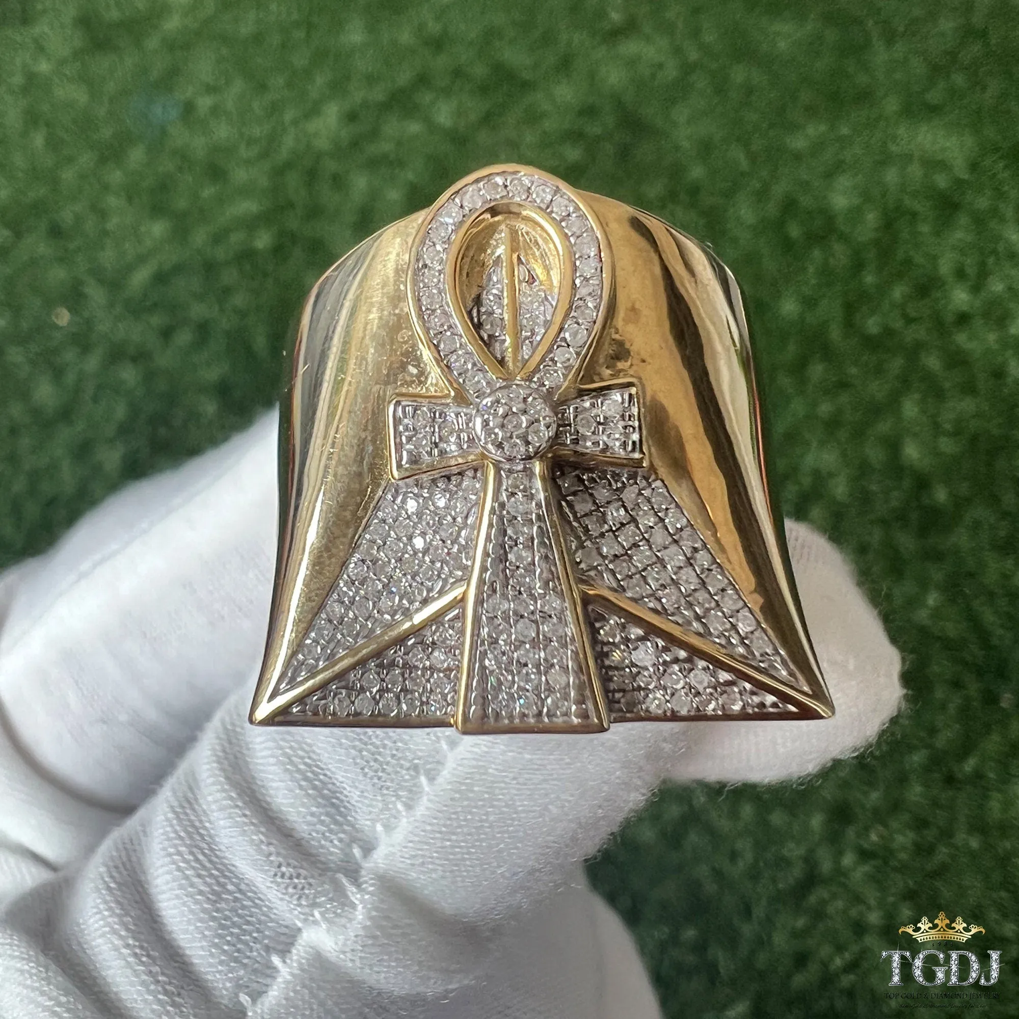Men's 10k Yellow Gold Egyptian Ankh Cross Ring, Round Diamond Cross Pinky Ring, Egyptian Ankh Ring, Diamond Ring Men Gold 10.2 Grams 0.32dwt