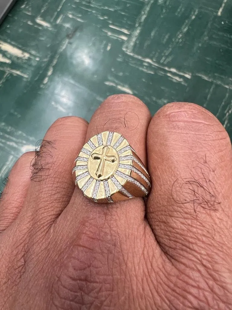 Men's Diamond Cross Ring in 10k Yellow Gold Real Diamond 0.35Ct 5.75 Grams, Diamond Signet Ring Size 10, Baptism Gift for Christian