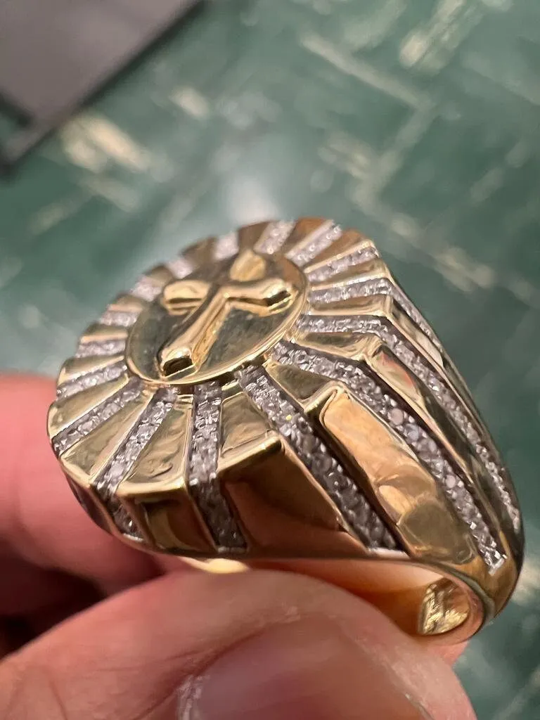 Men's Diamond Cross Ring in 10k Yellow Gold Real Diamond 0.35Ct 5.75 Grams, Diamond Signet Ring Size 10, Baptism Gift for Christian