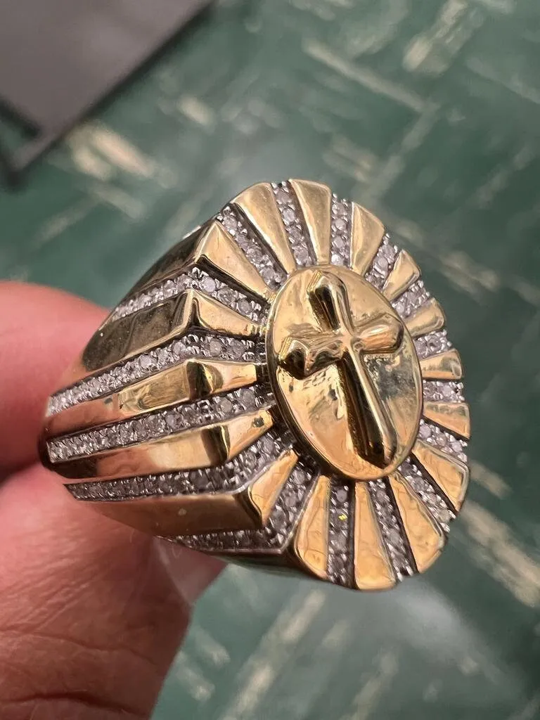 Men's Diamond Cross Ring in 10k Yellow Gold Real Diamond 0.35Ct 5.75 Grams, Diamond Signet Ring Size 10, Baptism Gift for Christian