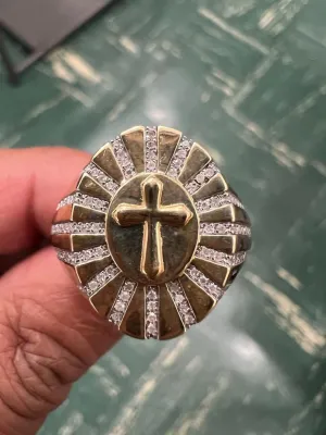 Men's Diamond Cross Ring in 10k Yellow Gold Real Diamond 0.35Ct 5.75 Grams, Diamond Signet Ring Size 10, Baptism Gift for Christian