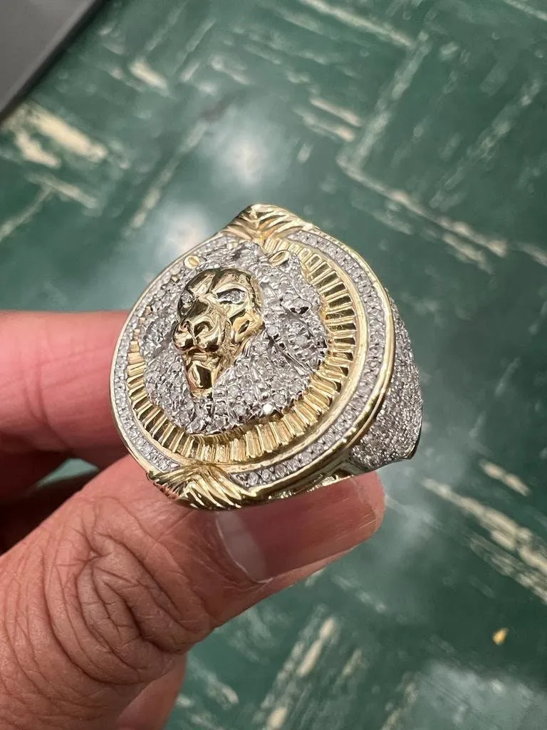 Men's Lion King Head Crown Face Ring, Real Genuine Diamond 0.92 Cwt. 10kt Yellow Gold, Designer Big Ring, Men's Ring 12 Grams, Size - 10