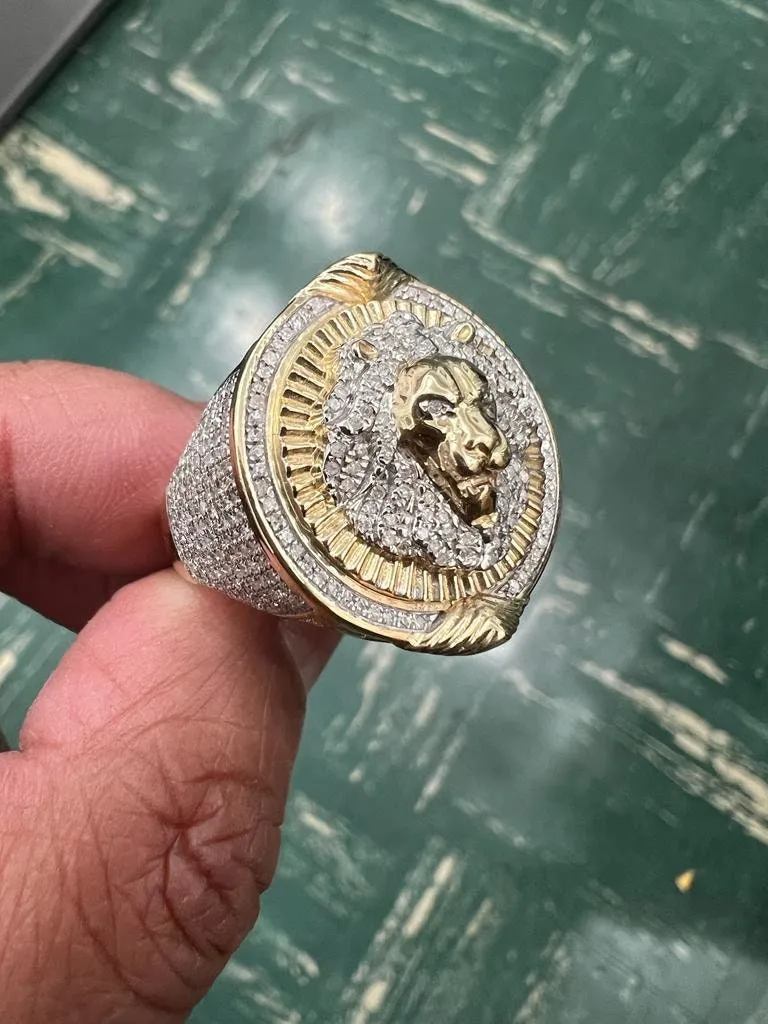Men's Lion King Head Crown Face Ring, Real Genuine Diamond 0.92 Cwt. 10kt Yellow Gold, Designer Big Ring, Men's Ring 12 Grams, Size - 10