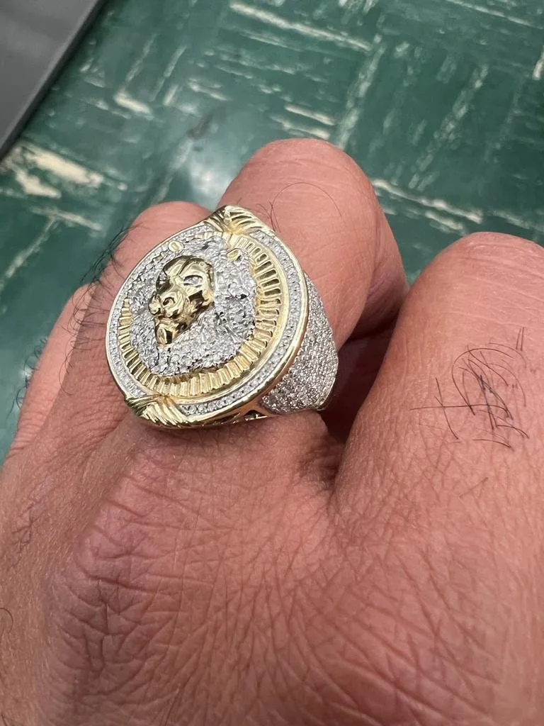 Men's Lion King Head Crown Face Ring, Real Genuine Diamond 0.92 Cwt. 10kt Yellow Gold, Designer Big Ring, Men's Ring 12 Grams, Size - 10