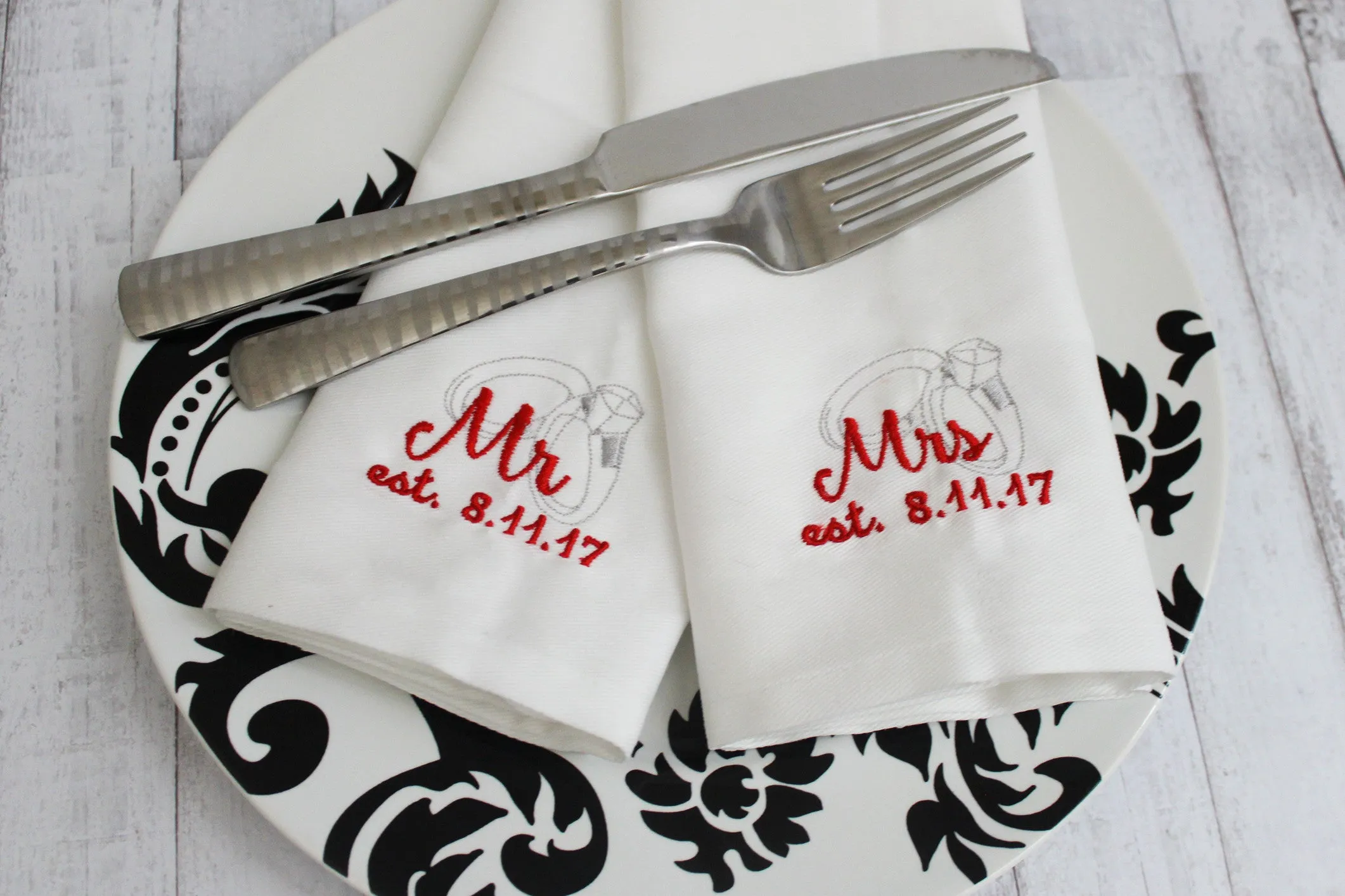 Mr. and Mrs. Napkin Set of 2 Customize with Wedding Date