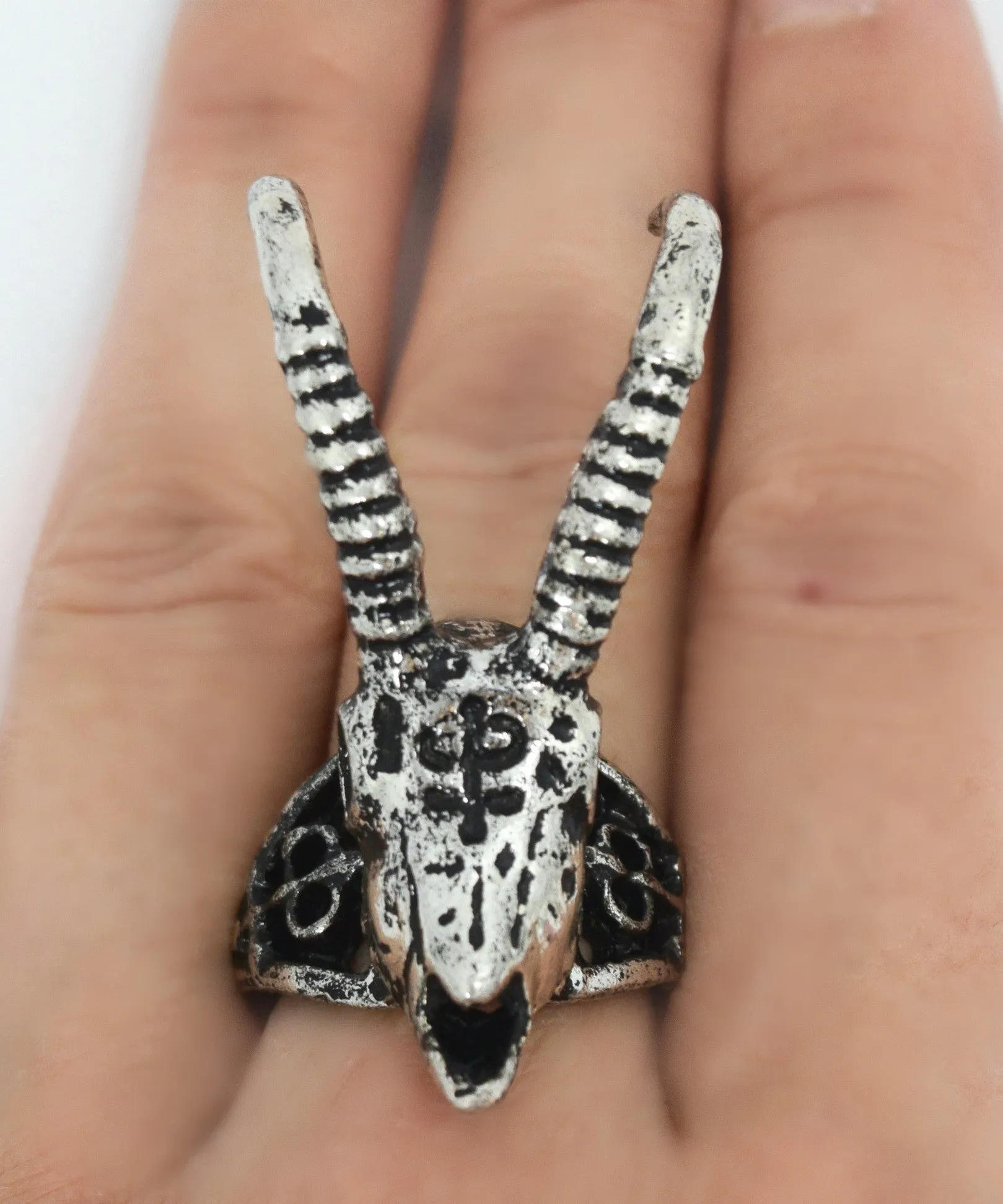 Nugoth Gazelle Skull Arsenic Symbol Gothic Ring - Silver tone