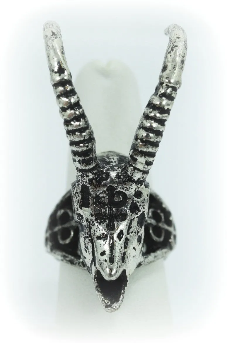 Nugoth Gazelle Skull Arsenic Symbol Gothic Ring - Silver tone