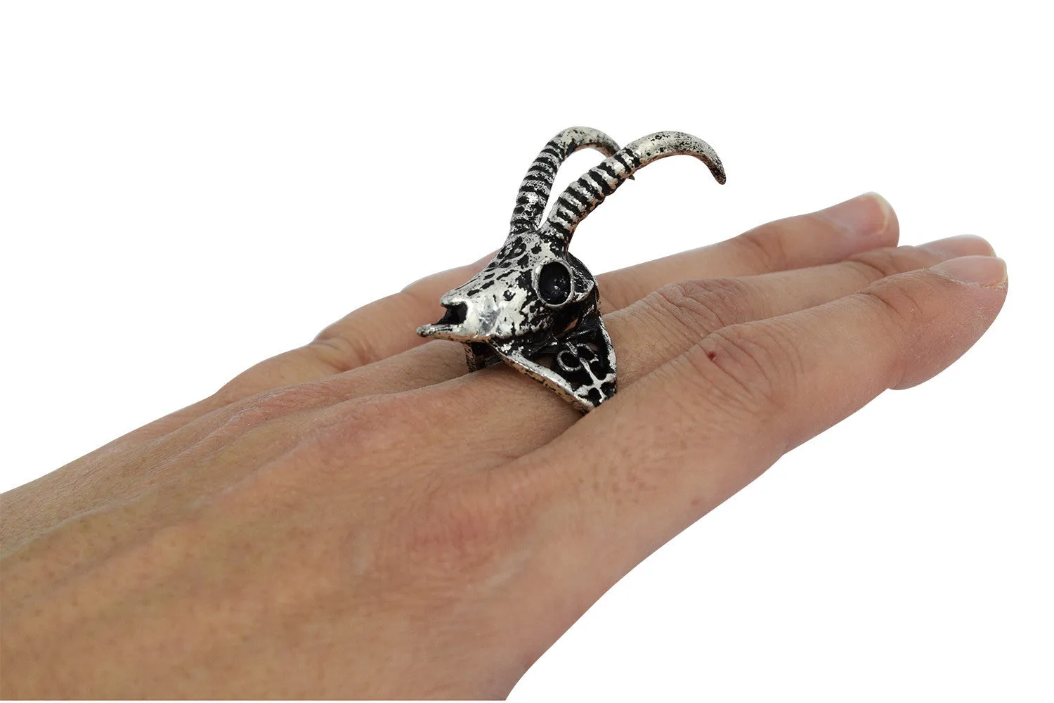 Nugoth Gazelle Skull Arsenic Symbol Gothic Ring - Silver tone