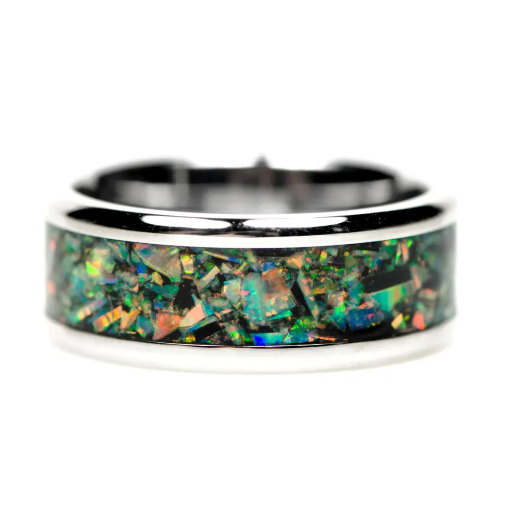 Stainless Steel Polished With Opal Inlay 8mm Men's Ring