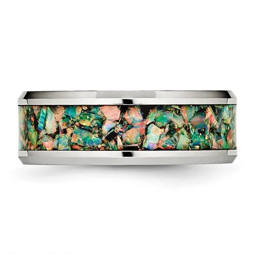 Stainless Steel Polished With Opal Inlay 8mm Men's Ring