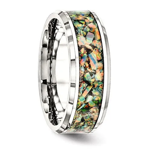 Stainless Steel Polished With Opal Inlay 8mm Men's Ring