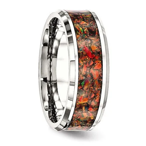 Stainless Steel Polished With Red Opal Inlay 8mm Men's Ring